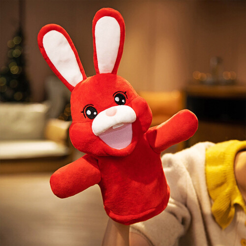 Bunny Hand Puppet with Moving Mouth, Ventriloquist Doll for Interactive Play, Easter Gift for Parent Performance(Red)
