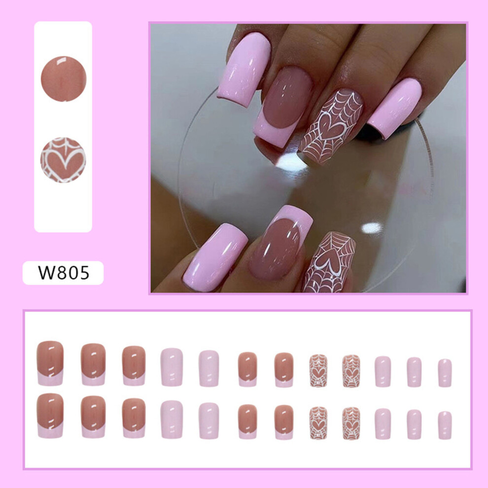 Penghui-Toys Pink (Jelly Glue Model) Glossy French Heart False Nails For Women