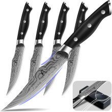 Steakset van 4 stuks, 12,2 cm hoge steaks met fijne rand en bijbehorende steun, roestvrijstalen handgreep, elegant zwart, ideaal voor