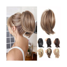 Moño de pelo sintético con pinza, moño liso con pinza, extensiones de coleta