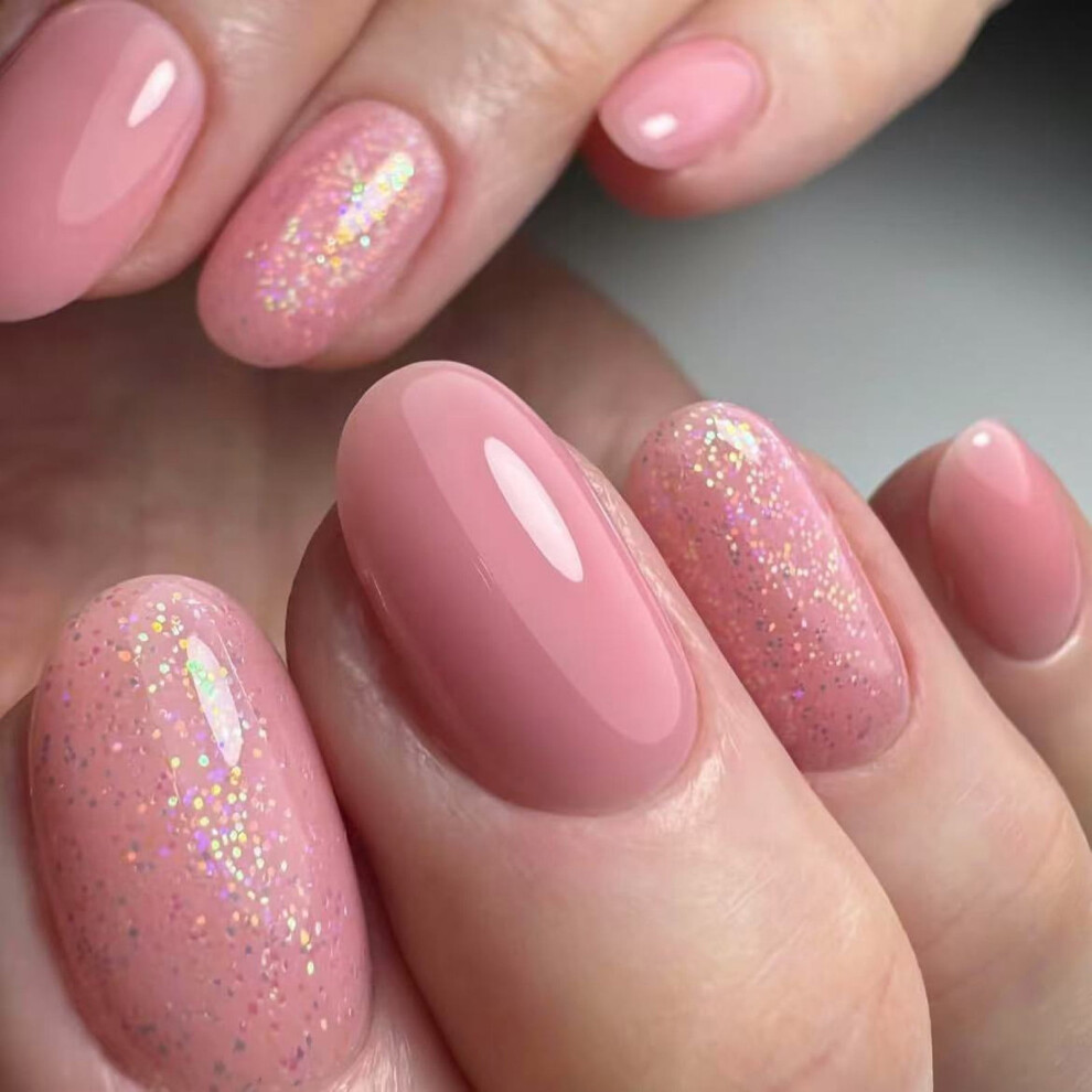 24Pcs Glitters Spring Short Oval Shape False Nails Glossy Acrylic On Nails Manicure Nails Accesories