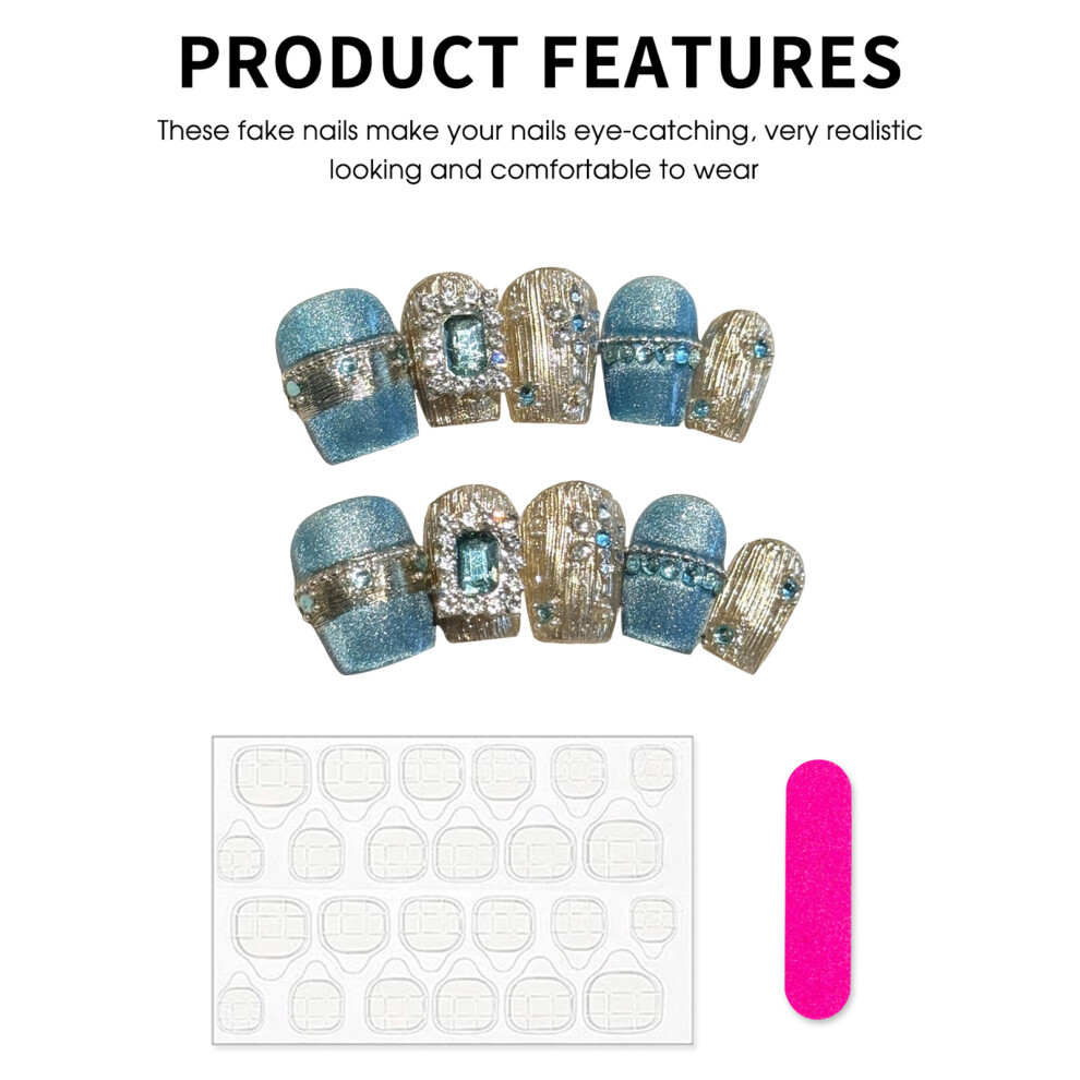 Bright-Home (S) French Glitter Cat Eyes Blue Artificial Nails Easy To Wear Never Splitting Comfort Fake Nails For Shopping Traveling Dat
