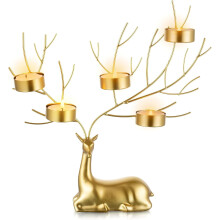 Gold Reindeer Candle Holder for Tealight – 5-Pack Christmas Deer Ornament, Farmhouse Table Centerpiece, Fireplace Mantel Decor, Stag Gift