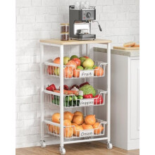 4-Tier Rolling Kitchen Cart with Drawer, Wood Top & Wheels – Fruit/Veggie Storage Organizer, Compatible with Pantry