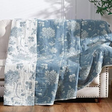 Boho 100% Cotton Muslin Twin Blanket (50x60"), 4-Layer Quilted, Reversible Floral Throw with Green Accents – Soft, Breathable & Lightweight