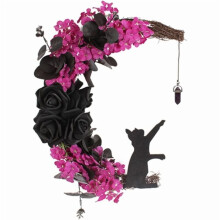 Couronne de Noël en croissant de lune, style gothique, sorcière et chat d'Halloween - Roses rouge prune et noires
