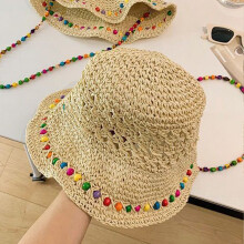 (Khaki) Women Summer Beach Sun Hat Colorful Bead Decor Bohemian Style Sun Hat for Travel Holiday Beach Playing