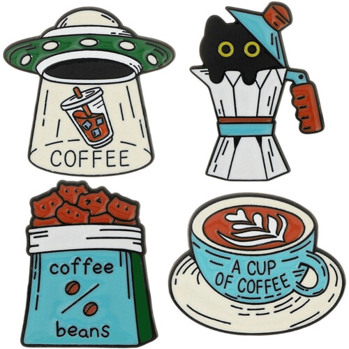 4 broșe emailate cu tematică de cafea, din aliaj