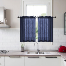 Linen Cafe Curtains, 31" L x 2 Panels, Light Filtering Short Kitchen Curtains for Sink, Cabinet, Bathroom, RV, Camper, Basement (Blue)