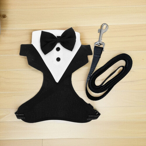 1 σετ μαύρη ζώνη κατοικίδιων Tuxedo με παπιγιόν και λουρί για γάμο και περπάτημα σε