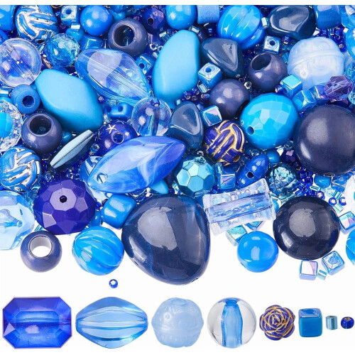 Assorted Acrylic Beads Blue Round Square 100g