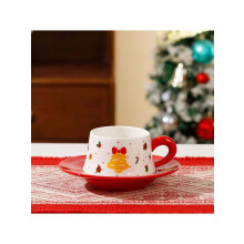 Christmas Coffee Cup & Saucer Set, 10 oz Ceramic Holiday Mug, Aesthetic Milk Cup for Home/Office, Xmas Gift for Women, New Year Decor