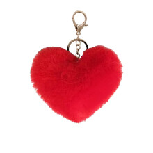Pendentif clé en peluche en forme de cœur, recouvert de fausse fourrure rouge
