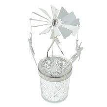 Portacandele a forma di mulino a vento rotante color argento con decorazioni riflettenti, ideale per matrimoni eleganti e decorazioni natalizie per