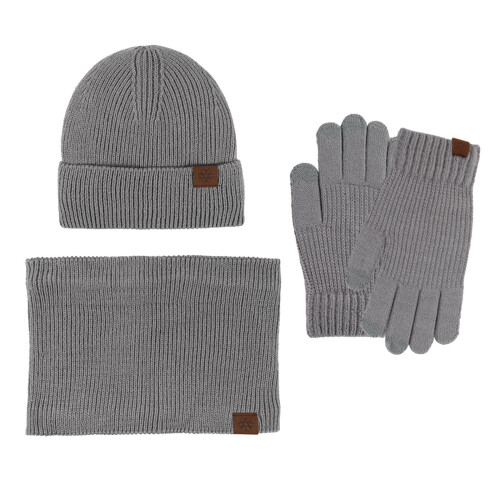 AWZXDE Winter Hat, Scarf & Gloves Set – Solid Grey, Lined, Touchscreen-Compatible, Thick Knit, Warm & Comfortable