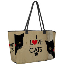 Große Schulterhandtasche für Damen, Schwarze Katze – „Ich liebe Katzen“ – Große, lässige Tragetasche für Arbeit, Reisen, Pendeln,