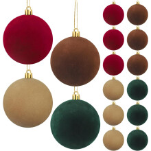 12PCS Flocked Plastic Christmas Ornaments, 3.15" Velvet Ball Set, Wine Red Brown Dark Green, Tree Hanging Decor for Holiday Party