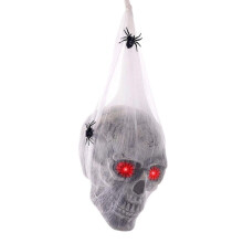 Décoration animée de crâne pour Halloween : yeux rouges LED activés par le son, squelette suspendu avec 2 araignées – Accessoire pour maison