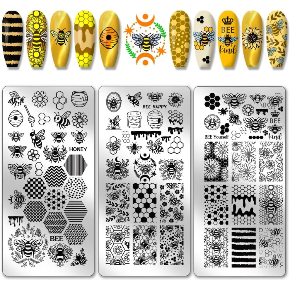 3pcs Bee Theme Nail Stamping Plates â Honeycomb & Sunflower Designs, Compatible with All Nail Stamper Tools