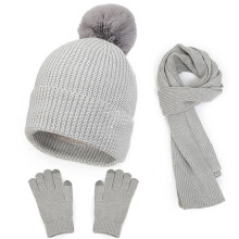 Women's Winter Hat Scarf Gloves Set, Knit Set with Pom Pom Beanie, Matching Cold Weather Accessories, Cozy Gift Set, Thick Knitwear Grey