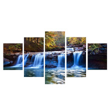 5 paneles, békés vízeséses giclée vászonkép, XL modern, galériára csomagolt, zöld tájkép étkezőbe és konyhába – kompatibilis a