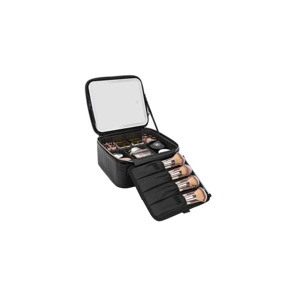 LED mirror makeup train case with removable partitions