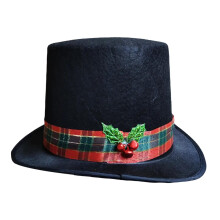 Black Christmas tree topper hat with plaid red ribbon