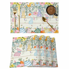 Paasplacemats set van 6 met lentebloemen, bladeren en een konijntje in het wit.