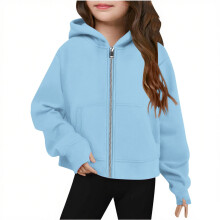 AWZXDE Pigersweatshirt med lynlås og hætte, vinter og efterår, moderigtig overtøj, hyggelig afslappet jakke til teenagere og børn, himmelblå,