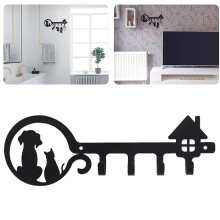 Black No-Punch Wall Mounted Key Hook Rack, Pet-Themed Storage Shelf for Cat and Dog Accessories, Space-Saving Organizer with Multiple Hooks