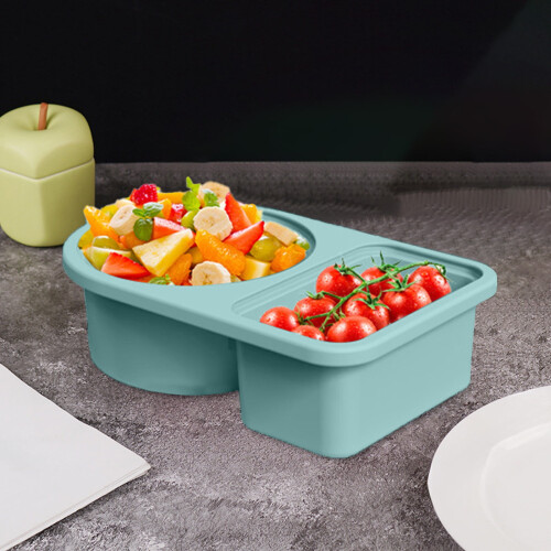 Recipiente de silicone de qualidade alimentar com dois compartimentos para molhos – compacto, reutilizável, perfeito para servir e preparar