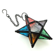Pentagram Iron Hanging Wind Lamp Candle Holder, Colored Embossed Glass Five-Pointed Star Aromatherapy Candle Holder, Home Decoration – Compatible