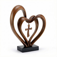 Cadeaux chrétiens - Décoration de table en résine marron représentant un cœur et une croix (24 cm) - Saint-Valentin et Pâques - Cadeau