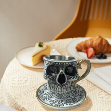 Gothic Skull Coffee Cup with Saucer, 5.113.93in, Gold Rim, Stainless Steel Interior, Bone Design – Compatible with Halloween Decor