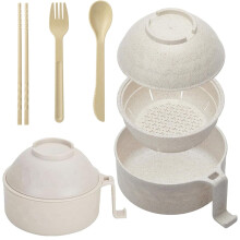 Ramen Cooker with Spoon Chopsticks Fork, 40oz Microwave Ramen Bowl Set,Ramen Noodle Bowl for College Dorm Room Apartment (Beige)