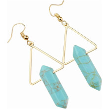 Stone Dangle Drop Earrings for Women, Hexagonal Double Points Healing Crystal Quartz Gold Plated Triangle Earrings with Hook