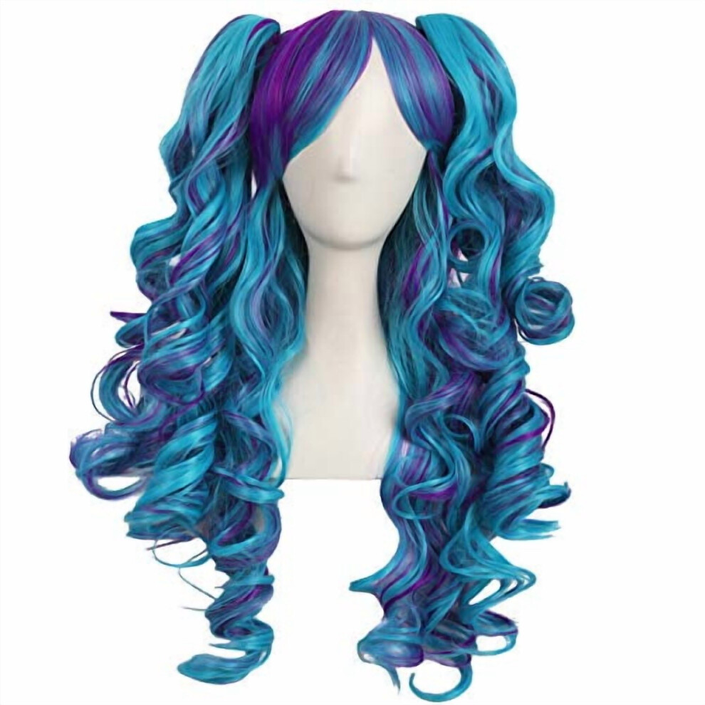 Unisex Blue Multi-Color Lolita Long Curly Clip On Ponytails Cosplay Wig (Dark Purple/Cyan )