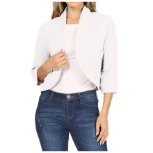 Womens Cropped Blazer 3/4 Ruched Sleeve Collarless Blazers Open Front Casual Work Office Cardigan Suit Jacket White, M