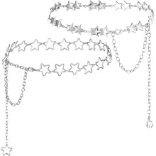 Cinto feminino com corrente de estrelas, ajustável, em liga de prata.