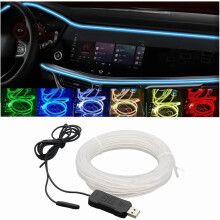 Striscia LED EL Wire da 4,8 metri per interni auto, illuminazione ambientale al neon alimentata tramite USB con attivazione sonora, compatibile con