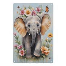 Vintage Floral Elephant Tin Sign – 12x16", Pastel Baby Nursery Wall Decor, Newborn Gift for Showers & Birthdays, Compatible with Nursery Themes