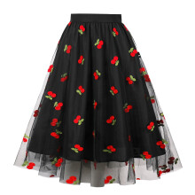Bestickter Rock für Damen in großen Größen, Vintage 50er Jahre, geblümter Midi-Rock, schwingender Tüllrock im Retro-Stil, Schwarz, XXL