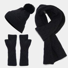 Women's Winter Set Black Pom Pom Beanie Fleece Hat Gloves