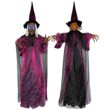 Naturalnej wielkości 180 cm fioletowa gadająca wiedźma, dźwięk aktywowany ruchem i świecące oczy, dekoracja na Halloween do wewnątrz i na