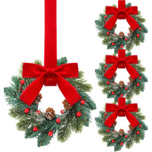Conjunto de 4 Mini Coroas de Natal com Laço Vermelho, Frutas Vermelhas e Pinhas – Decoração Estilo Fazenda para Armário, Janela, Lareira,