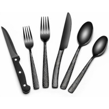 24-Pc Black Hammered Silverware Set with Steak Knives for 4, Stainless Steel Wave Flatware, Dishwasher Safe, Mirror Finish, Food-Grade