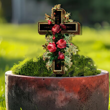 Oster-Gartenschild mit rotem Granatapfelblütenmotiv und schwarzem Kreuz, 5,7 x 11,29 Zoll, inklusive Erdspießen