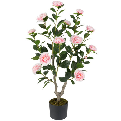 Árvore de camélia artificial com flores, 90 cm, rosa