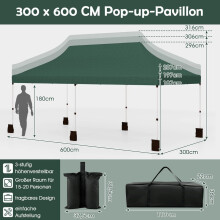 Pop-up kalesjetelt 300x600 cm, Justerbar Høyde, Grønn