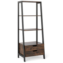 Freistehendes Leiter-Bücherregal, 134 cm, 4 Regale, 2 Schubladen